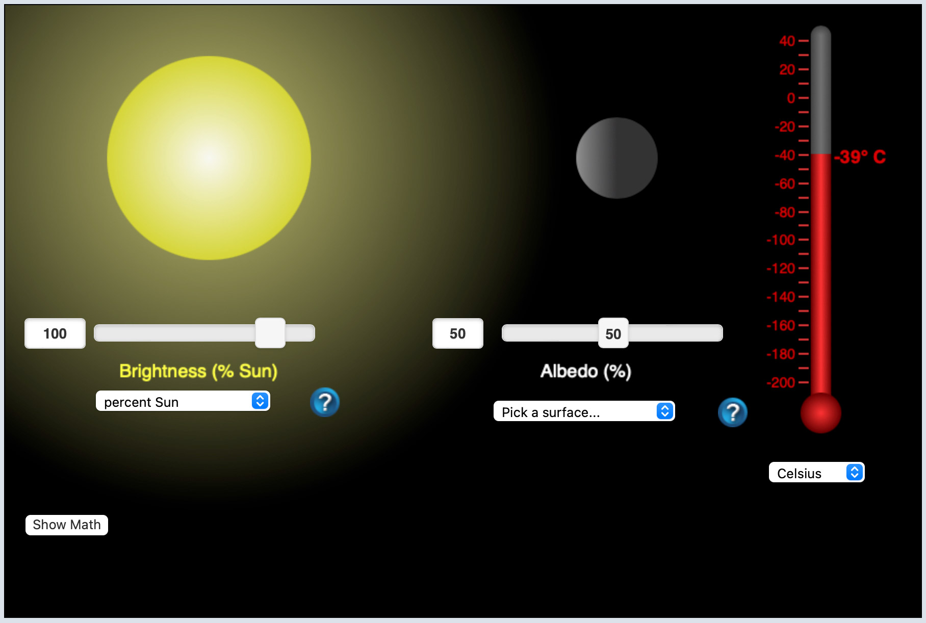 A yellow glowing circle, representing the Sun, is on the left, and a smaller gray circle representing Earth is on the right. Below the Sun there are white sliding bars that allow the user to adjust the Brightness of the Sun, written in yellow. And below the Earth a sliding bar to adjust the Albedo, written in white. Below the scales are