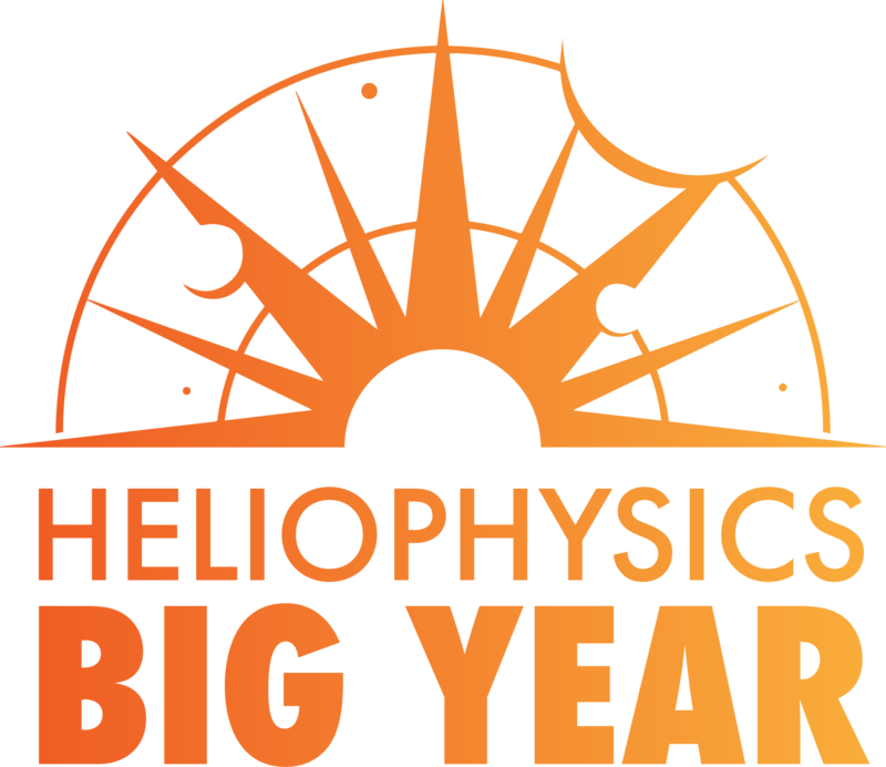 In hues of orange and yellow, a half circle sits atop the words Heliophysics Big Year. At the bottom of the half circle, is another half circle, representing the Sun. Coming off of the Sun, 9 spikes of varying sizes lead out and beyond the outer half circle. A few planets over lap with the spikes.