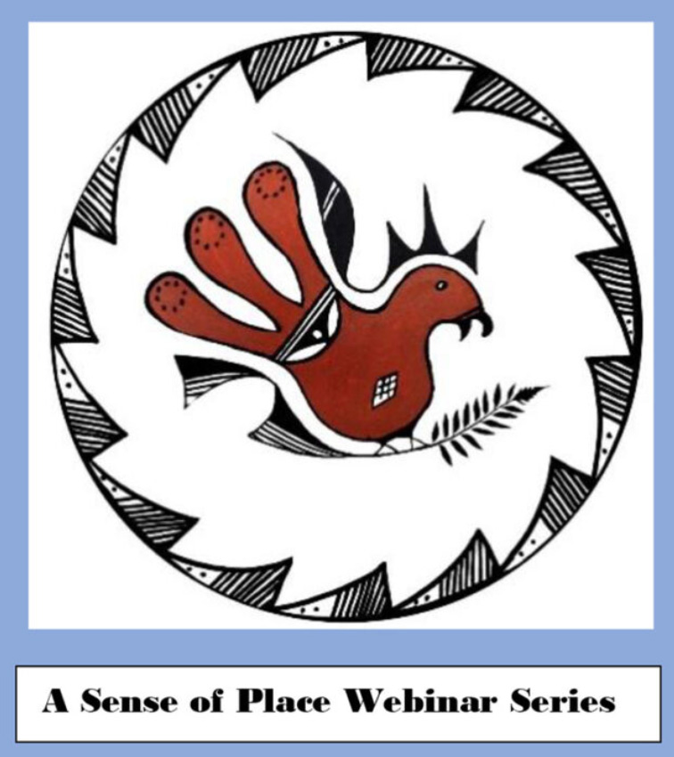 A chevron pattern border circles around a drawn red bird sitting on a leaf with the title “A Sense of Place Webinar Series” below
