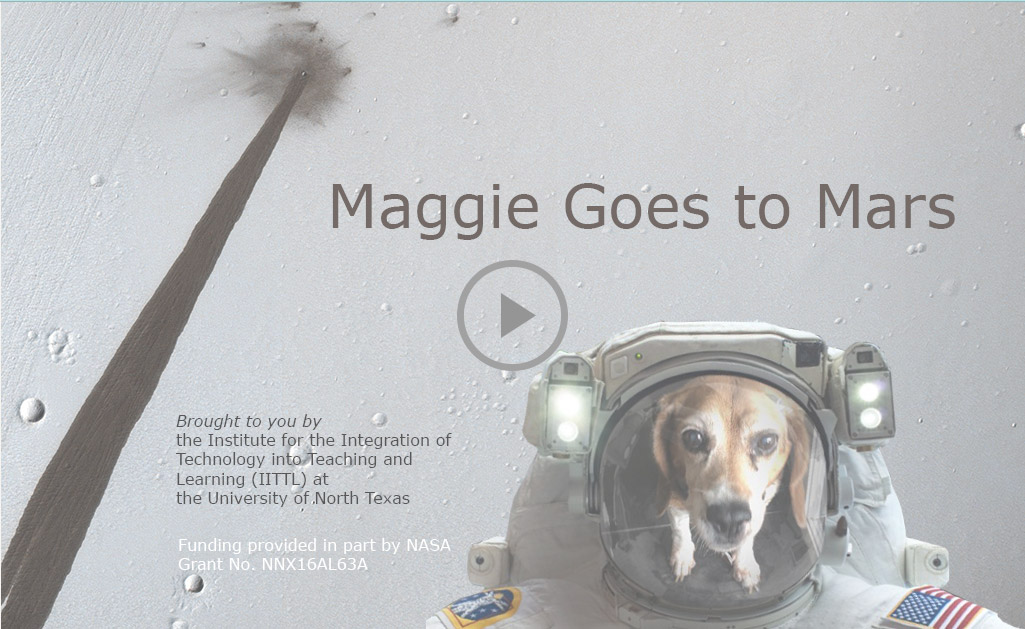Greyed Martian surface background with "Maggie Goes to Mars" title and beagle dog face in an astronaut helmet on the bottom right.