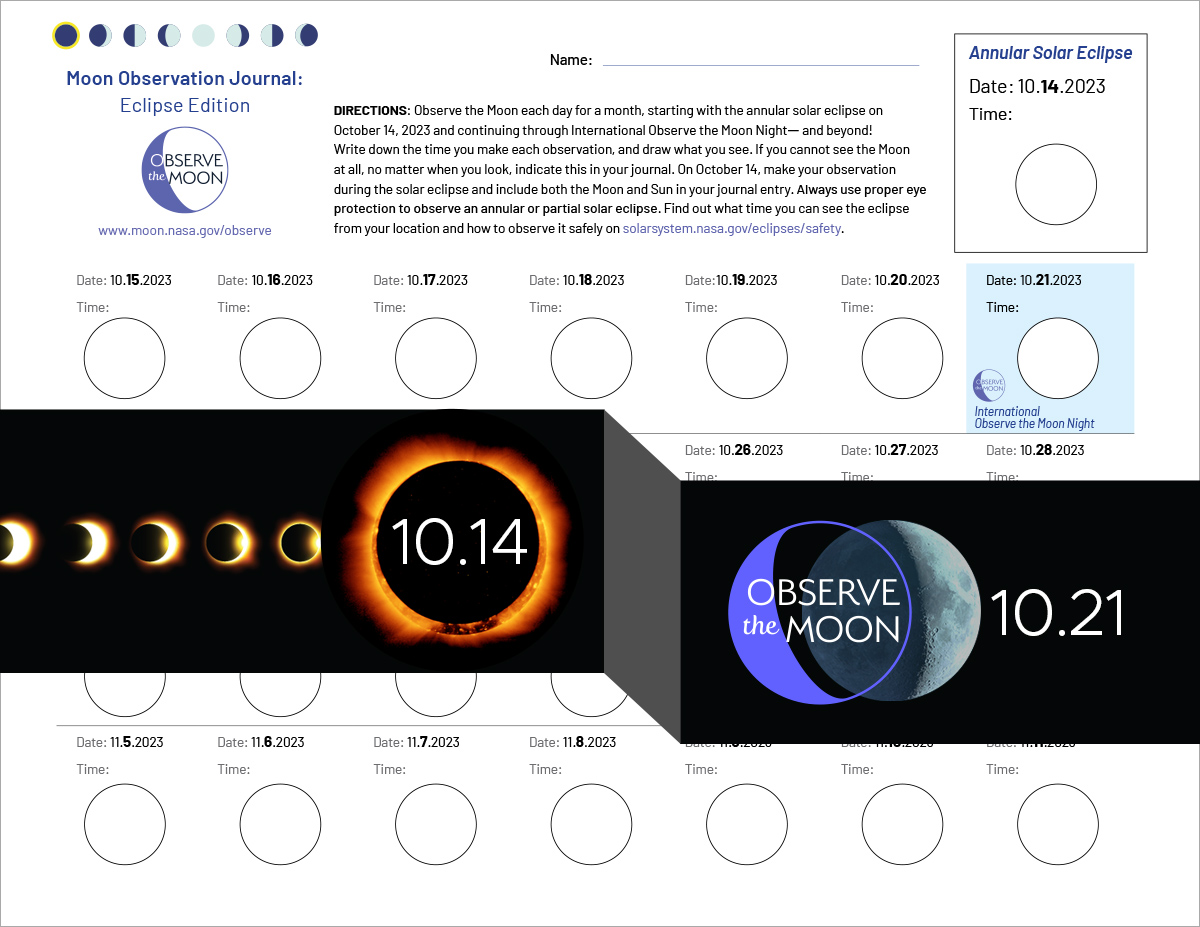Grid of blank circles representing different dates in October 2023, with an image of an annular eclipse and a Moon.