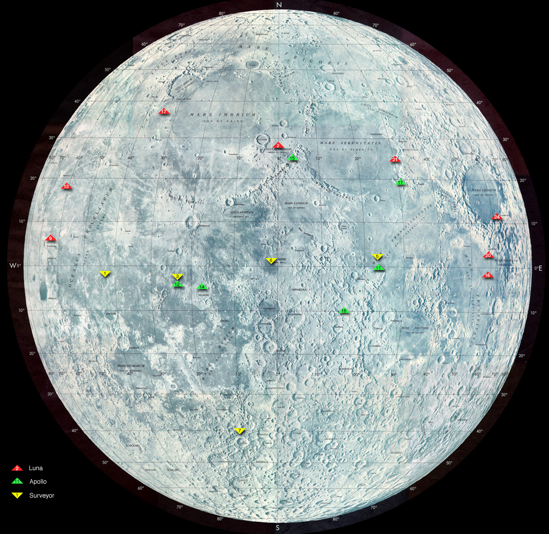 This image shows the locations of many spacecraft that have landed on the Moon. They're scattered across the lunar nearside, with most being closer to the equator than the poles. 