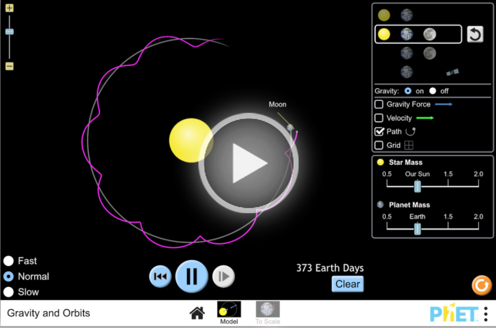 A still shot of the PHET simulation exploring the gravity and orbital motion of the Sun-Earth-Moon system.