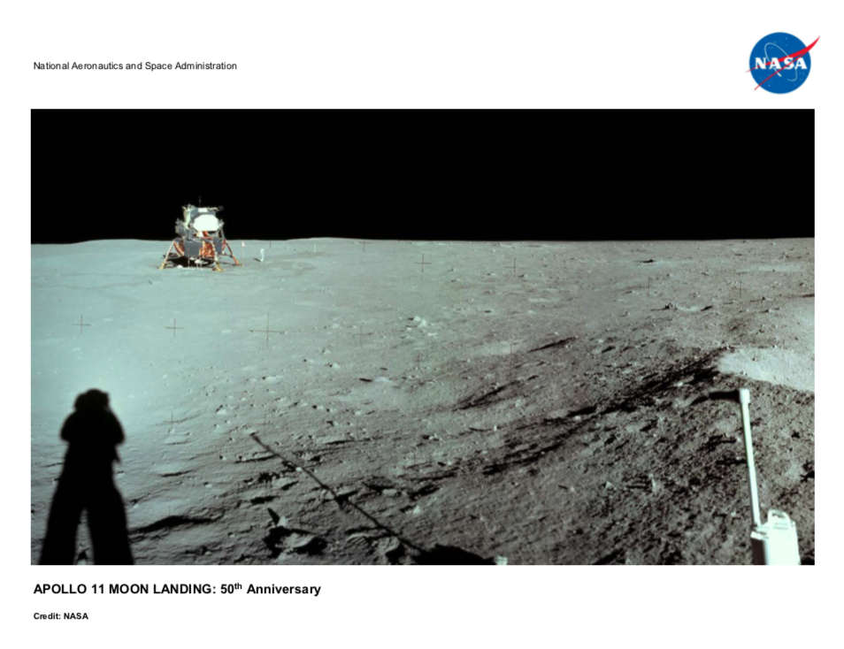 Handout about the Apollo 11 scientific legacy with large photo taken by an astronaut on the lunar surface. The astronaut's shadow is visible in the foreground. In the background, a spacecraft sits on the dusty, grey surface under a black sky.