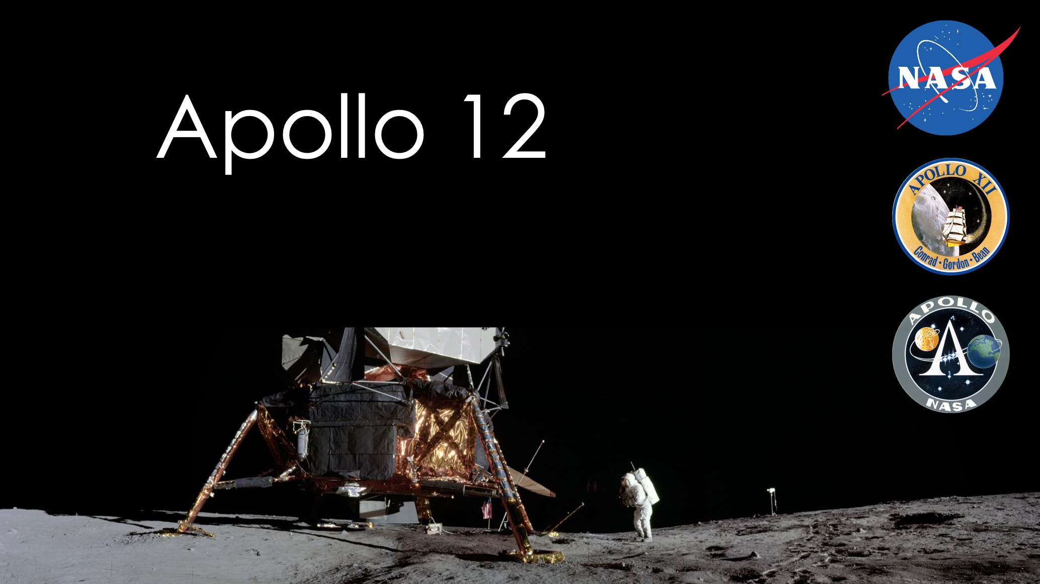 Cover slide with image of spacecraft on the lunar surface under a black sky and NASA logos. Text reads: "Apollo 12"