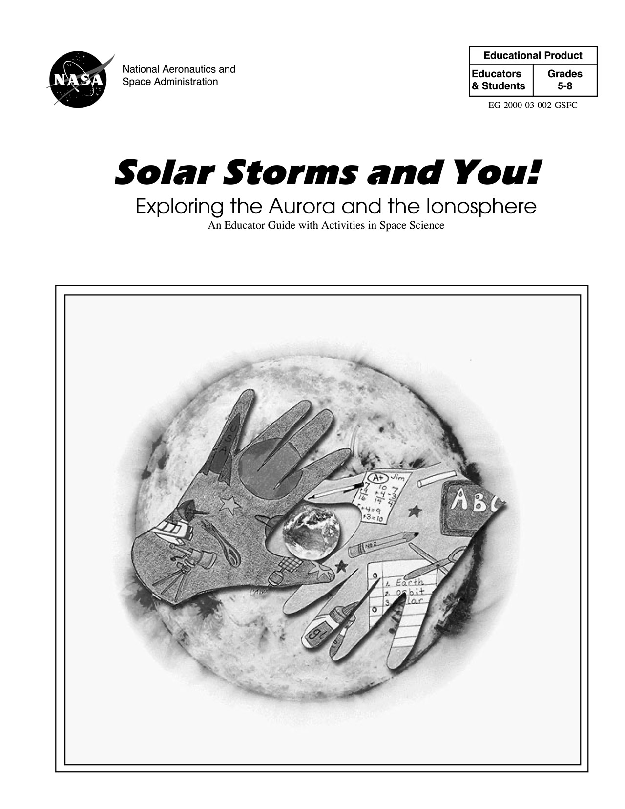 A black and white illustration of the Sun with two hands on top of it. Within the hands are smalller drawings of school-related items like telescopes, pencils, scissors, and glue.