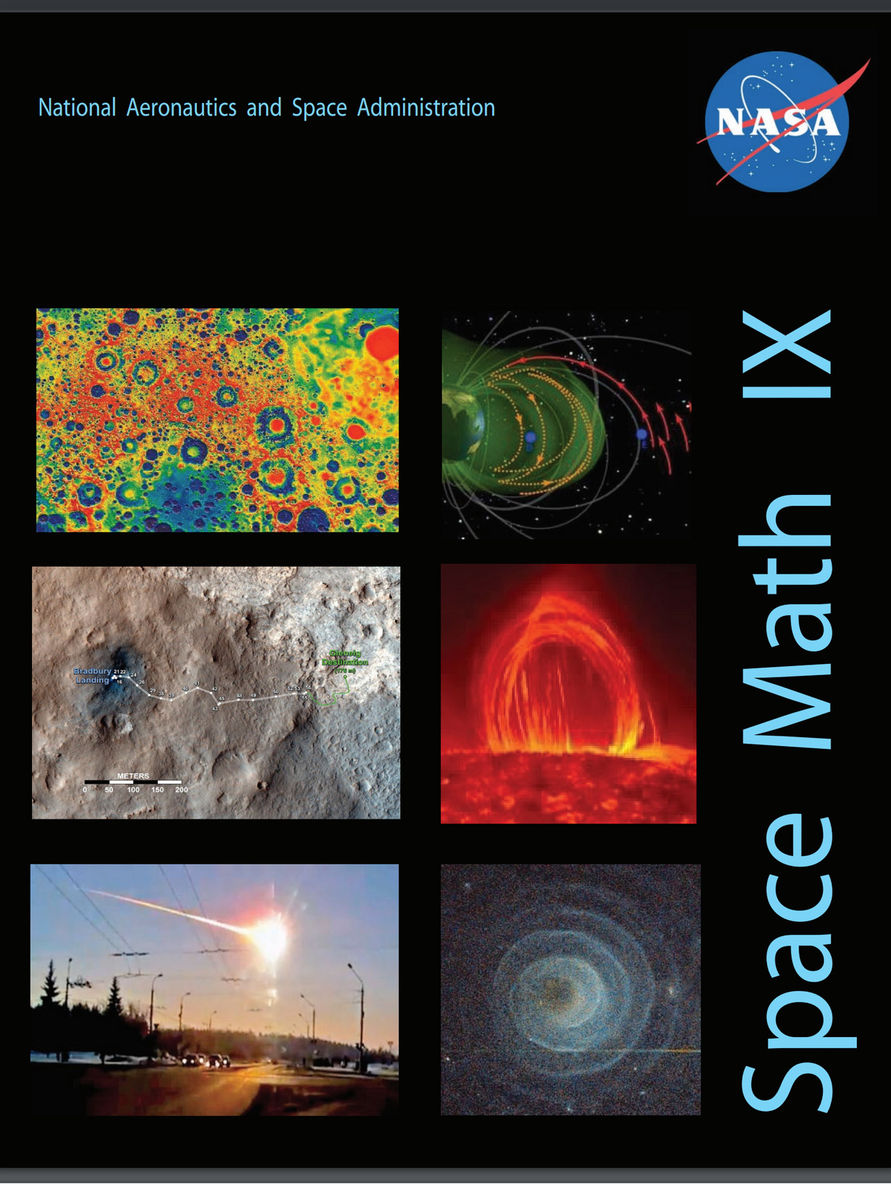 Cover of the resource with the title, "Space Math IX" written in blue text, vertically on the right. Six space-related images are included on the cover.