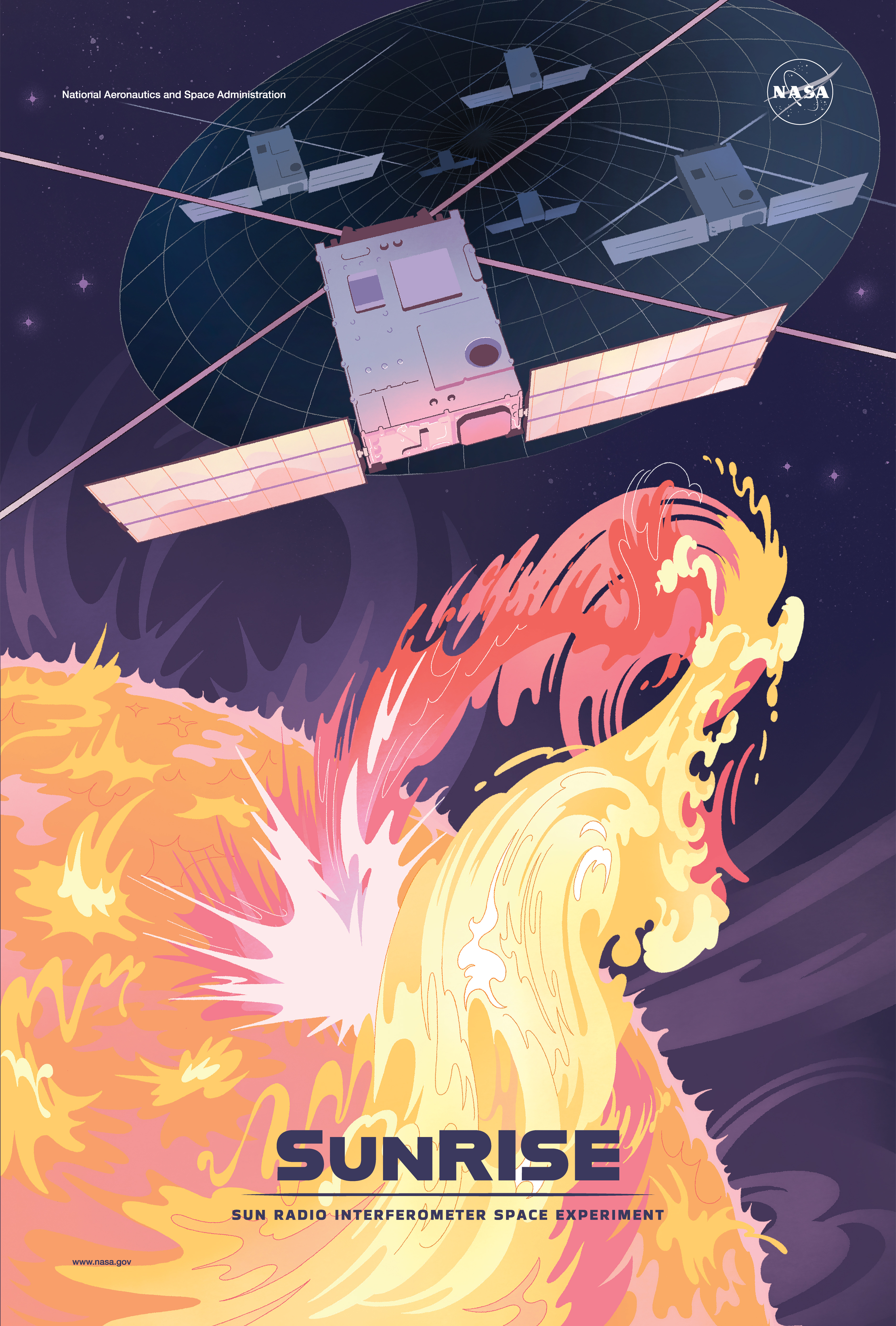 Poster with an artistic interpretation of the SunRISE SmallSats above an illustrated Sun.