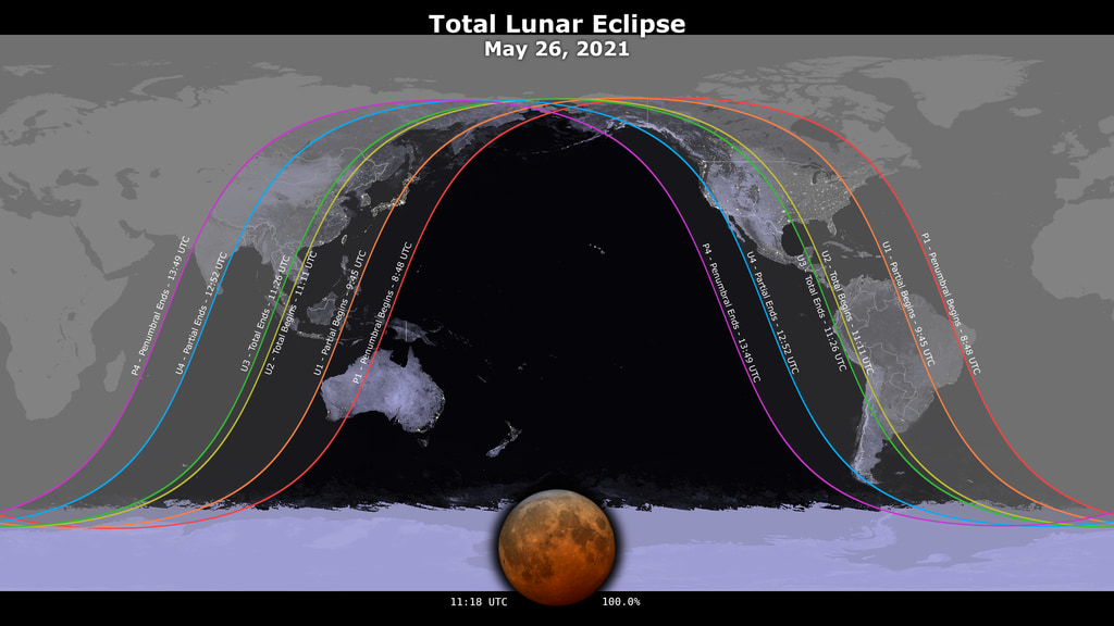 Visibility map for total lunar eclipse of May 26, 2021. Its contents are described in the following paragraphs.