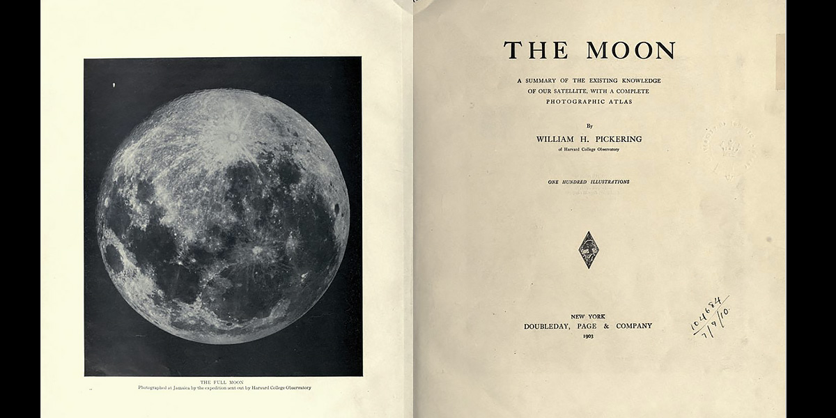 View of an opened book view with 2 pages open; left page is a picture of the Moon, right page is the title "The Moon"
