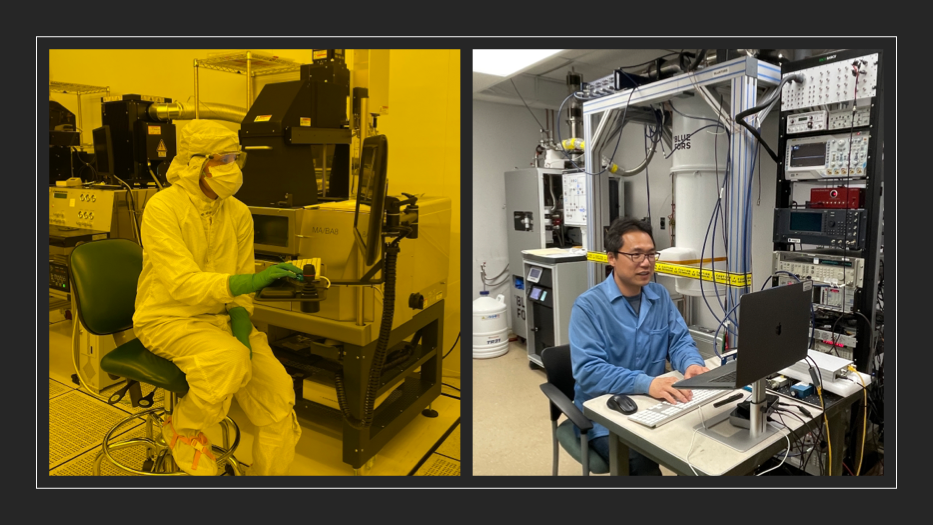 Left photo is a person wearing personal protective equipment and sitting at a desk with hardware that manufactures magnetic calorimeters. Photo on the right is a person sitting at a computer desk with equipment that tests magnetic calorimeters.