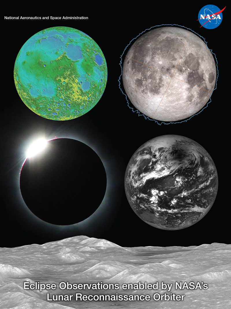 First page of the LRO - Eclipse Observations from LRO Lithograph, showing four views of the Moon: one rainbow-colored data visualization, one visual image, one data visualization that appears cloudy with bright streaks, and one image of near-totality during a solar eclipse.