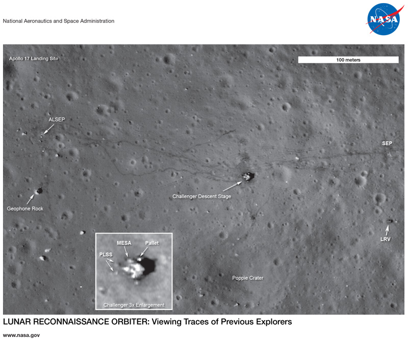 First page of the LRO: Apollo 17 Landing Site lithograph, showing an overhead view of the lunar surface, with spacecraft remains, tracks visible where astronauts moved about.