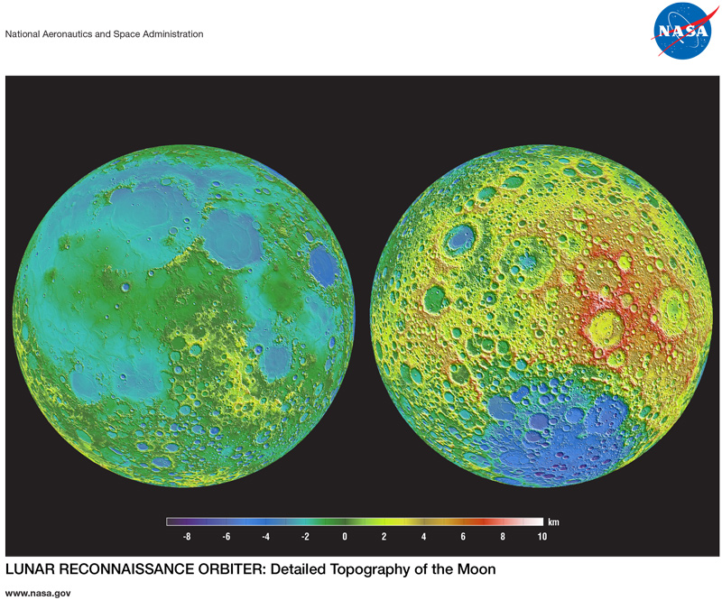 First page of LRO: Lunar Topography Lithograph, showing two Moon hemispheres, with color added to indicate elevation.