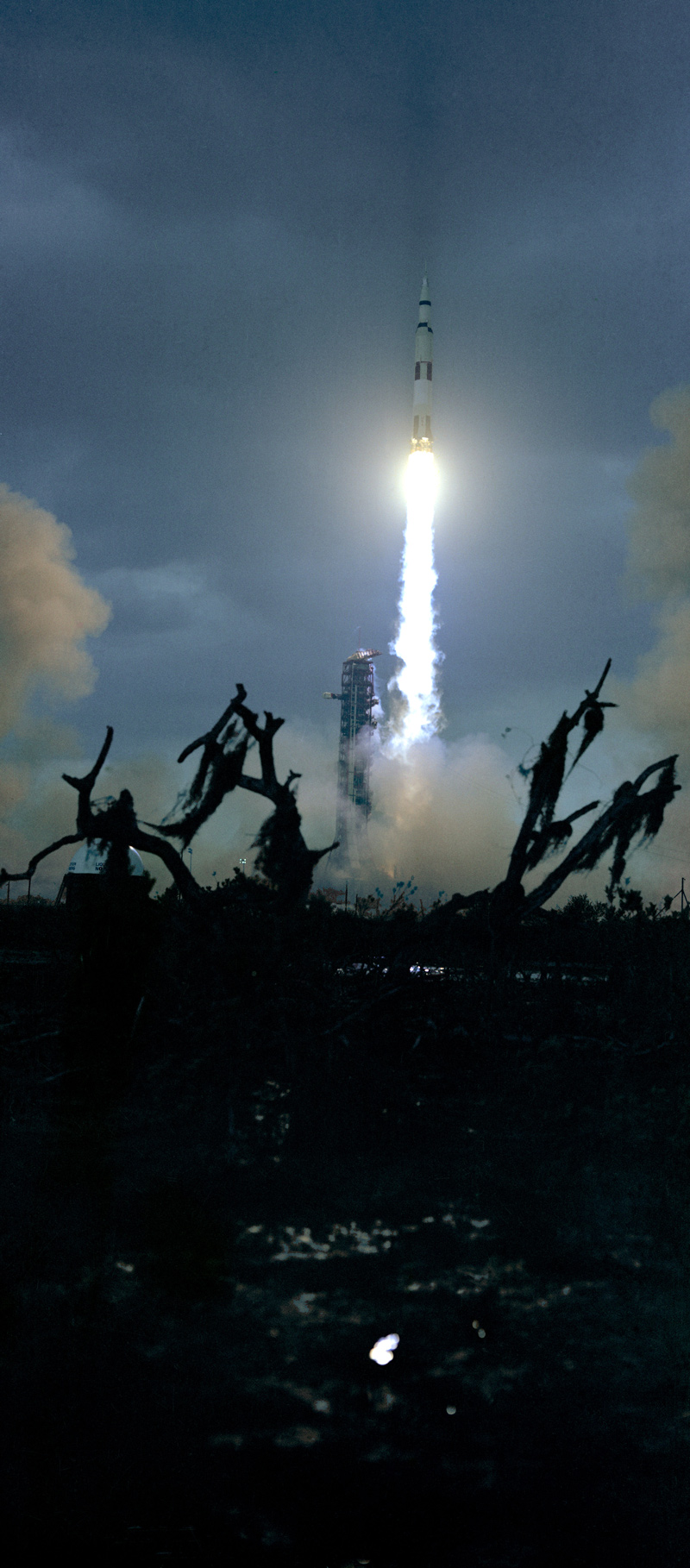 Apollo 14 liftoff, with scraggly tree branches silhouetted in the foreground