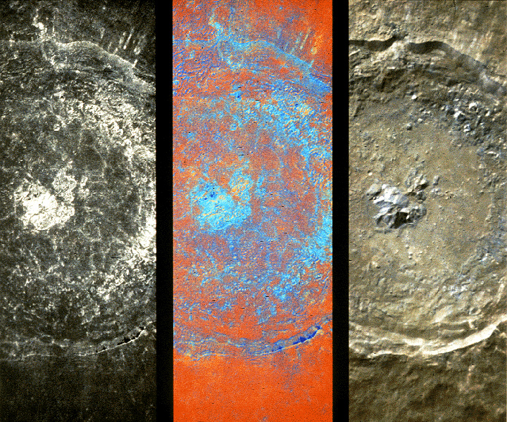 Three images of a crater observed in different kinds of light