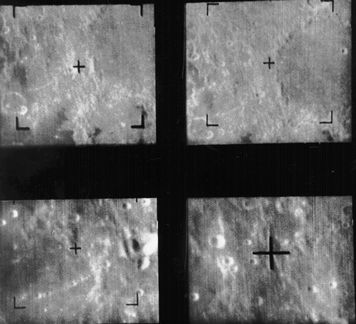 Four images of the Moon's surface, showing bright white streaks and patches.