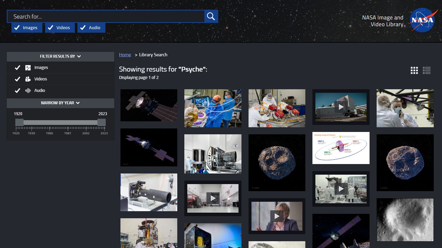A screengrab from search results for Psyche in NASA's image and video library. It shows boxes checked for images, videos and audio and has small images for each open. The images are displayed in a grid.