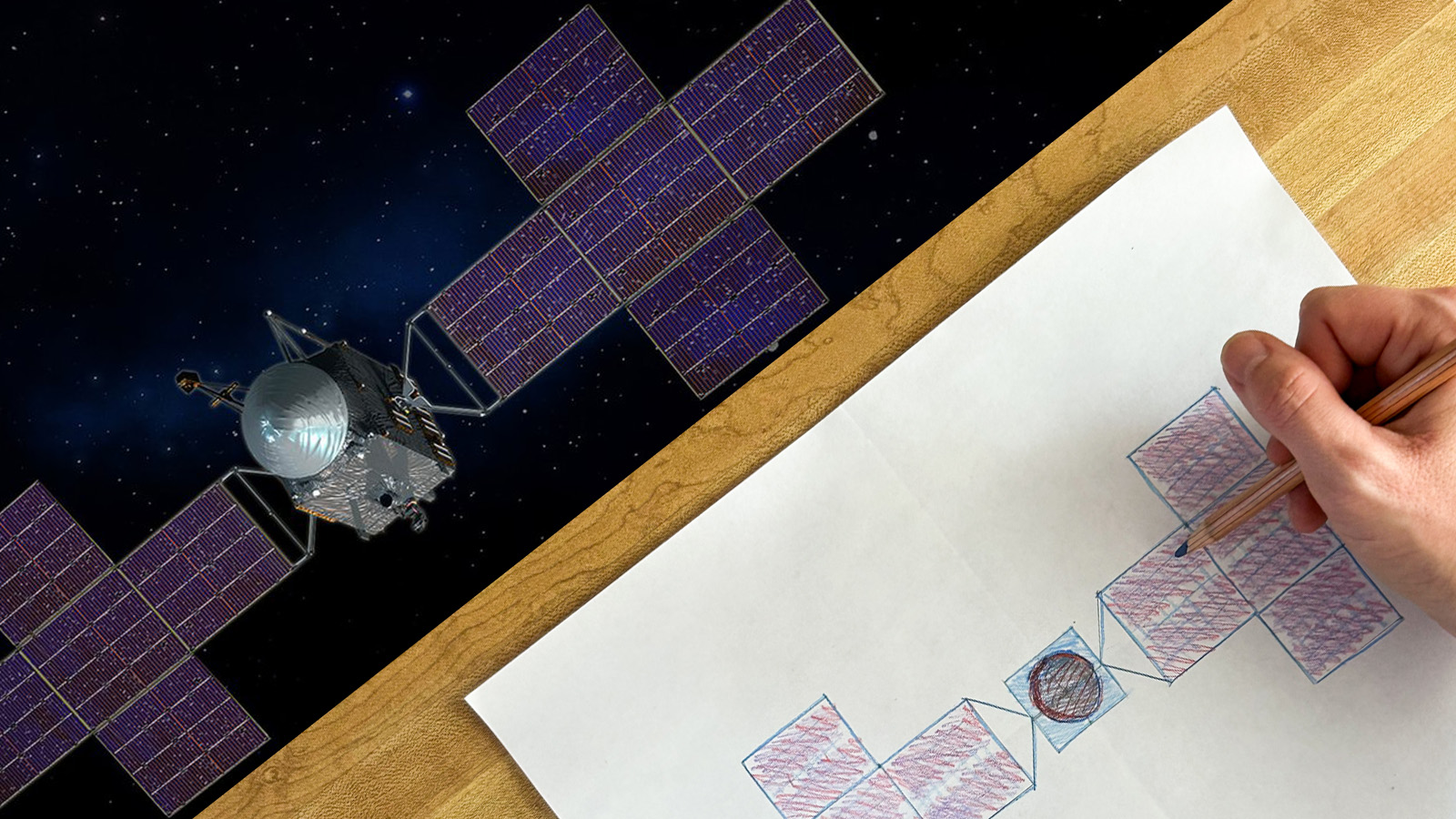 A split image with an illustration of the Psyche spacecraft on top, and a hand holding a pencil and drawing the spacecraft on a sketch pad on the bottom.