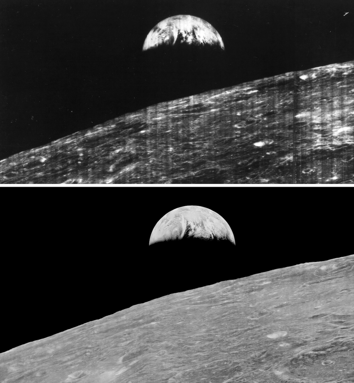 Earth rising over lunar horizon in two images: the grainy original and the smoother, restored version.