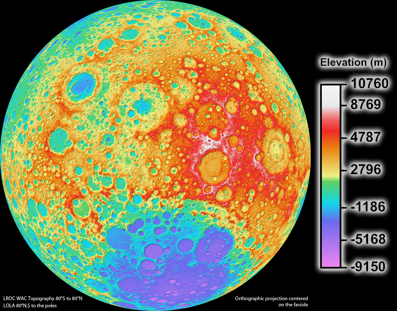 topographic map of the rugged lunar surface with bright colors representing altitudes ranging from -9150 to 10760 m