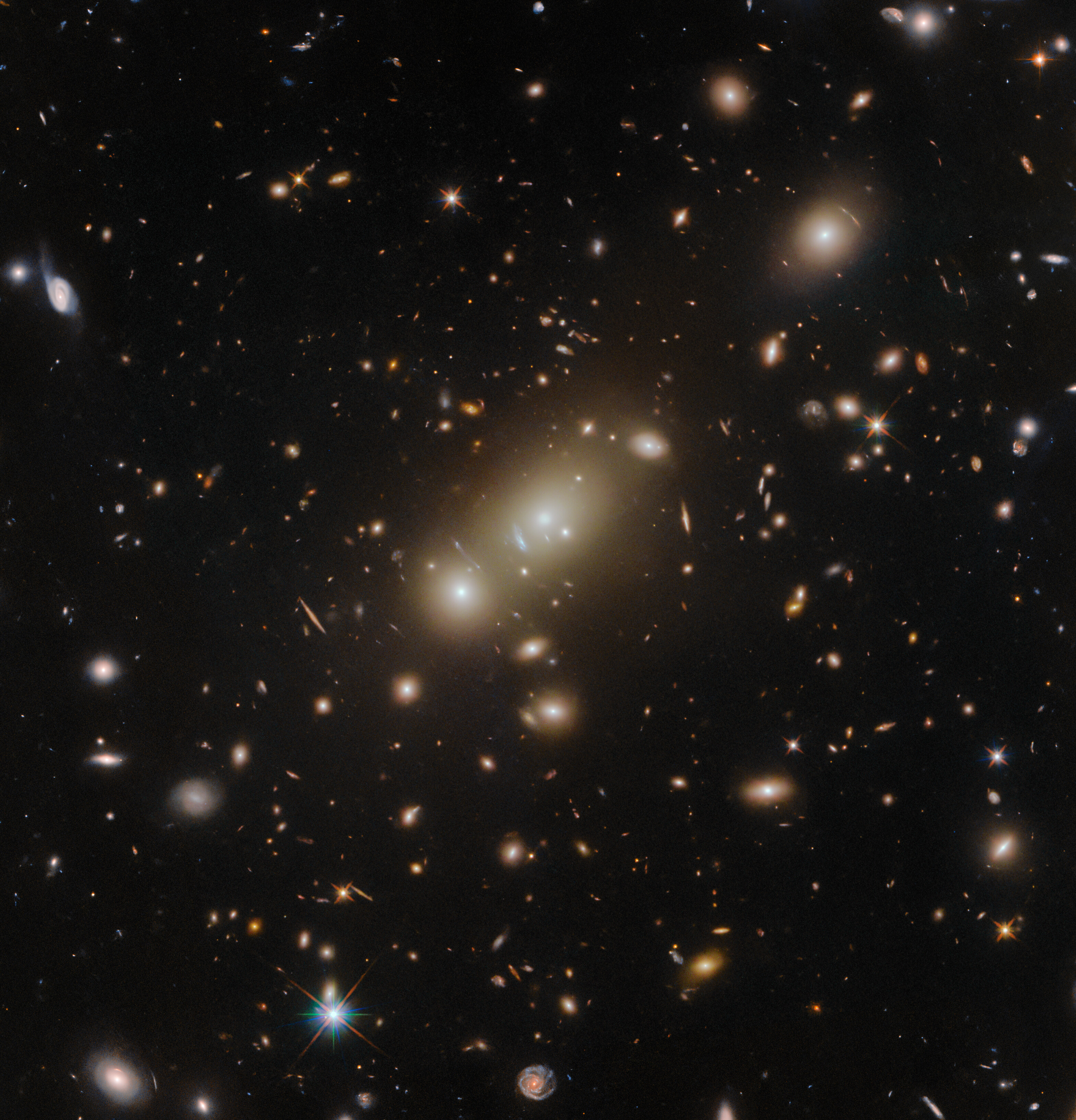 A cluster of elliptical galaxies, visible as a crowd of oval shapes, each glowing around a bright core. The elliptical galaxy that appears largest by far is in the center, with the other largest galaxies close to it. They are surrounded by a variety of more distant stars and galaxies, in many shapes and sizes but all much smaller, on a dark background.