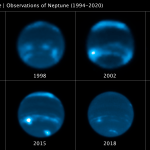 A series of eight images of Neptune: four on the upper half of the image and four on the lower half of the image. The planet appears as a dark-blue sphere dotted with bright white patches.