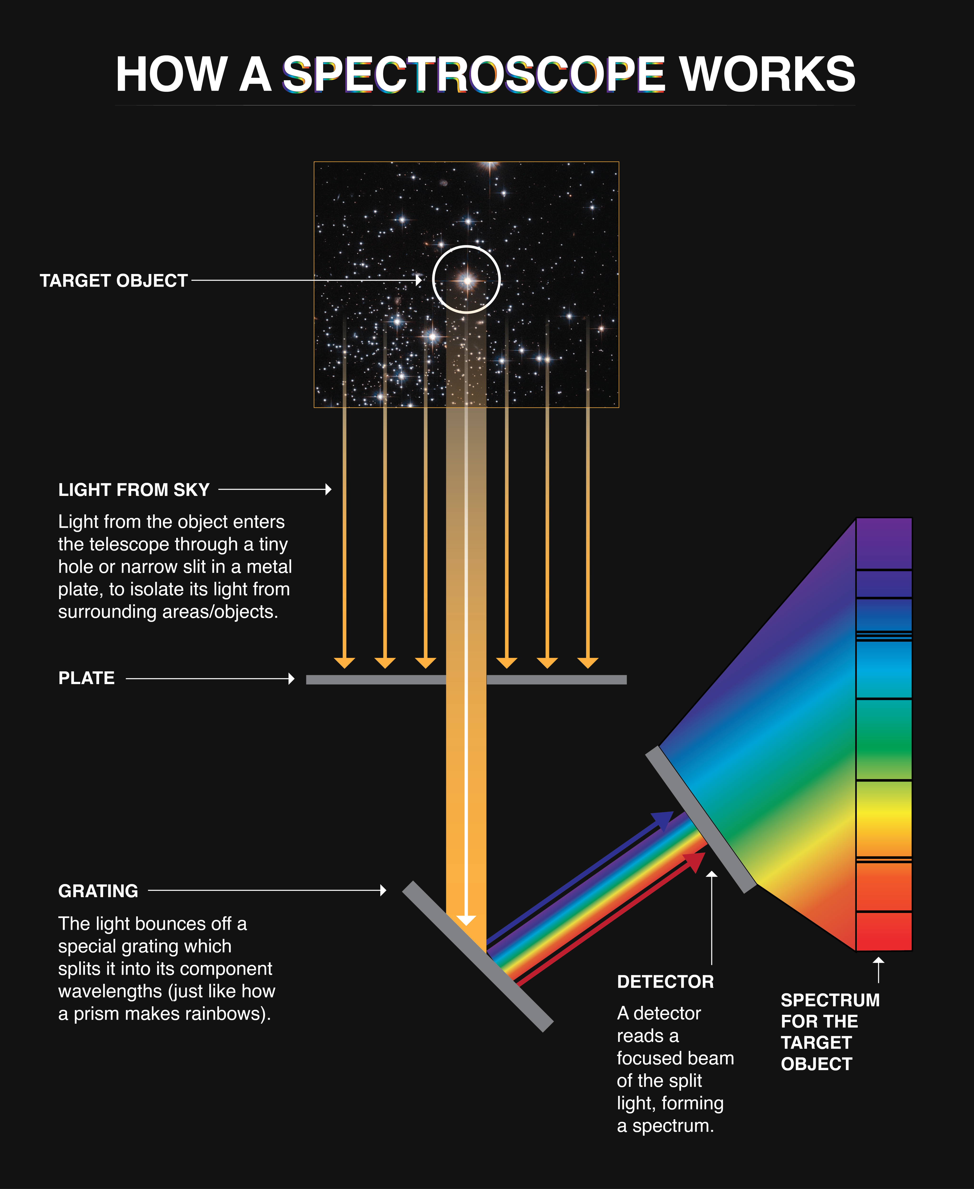 A graphic with a black background and white text across the top that reads "How a Spectroscope Works." A Hubble image of a star cluster is seen near the top, white a white circle labeled as a Target Object. Yellow arrows and a beam point down the image, with just the beam continuing downward through a gray bar. That beam hits a diagonal gray line representing the grating. A rainbow beam of light then extends from the grating, aimed diagonally upward to the right and into a detector, which is also seen in rainbow hues.