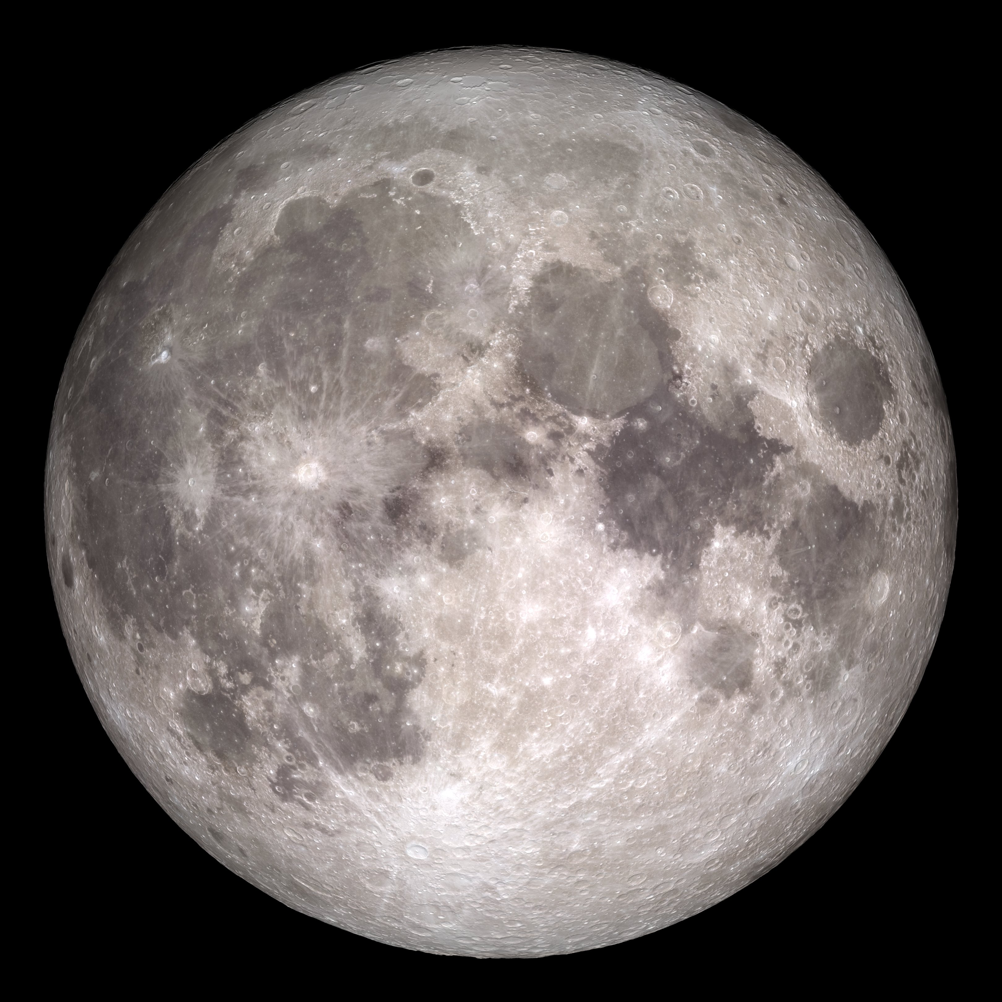 Full Moon in detail, with dark grey "seas" of cooled lava, bright highlands, sharp-edged craters, and rays of whitish impact eject extending outward from some craters. 