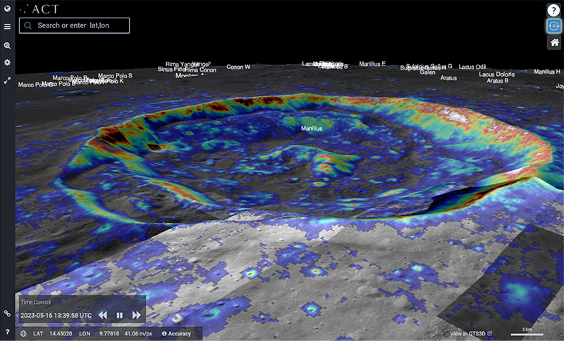screen view showing a closeup view of a Moon crater overlay with enhanced color data