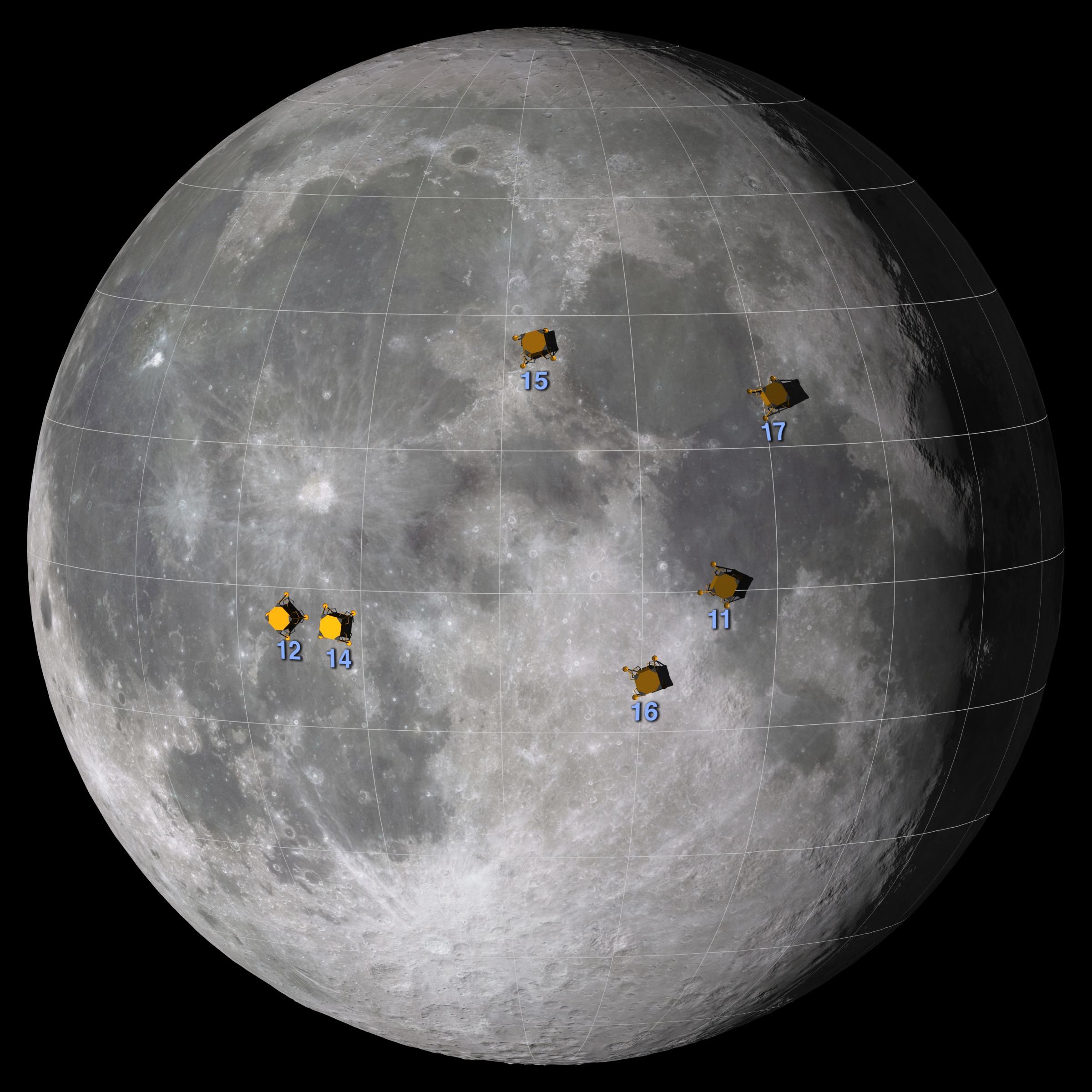 Graphic showing Apollo landing sites on the nearside of the Moon.