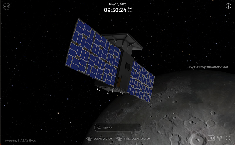 screen view showing render of a satellite flying over the Moon