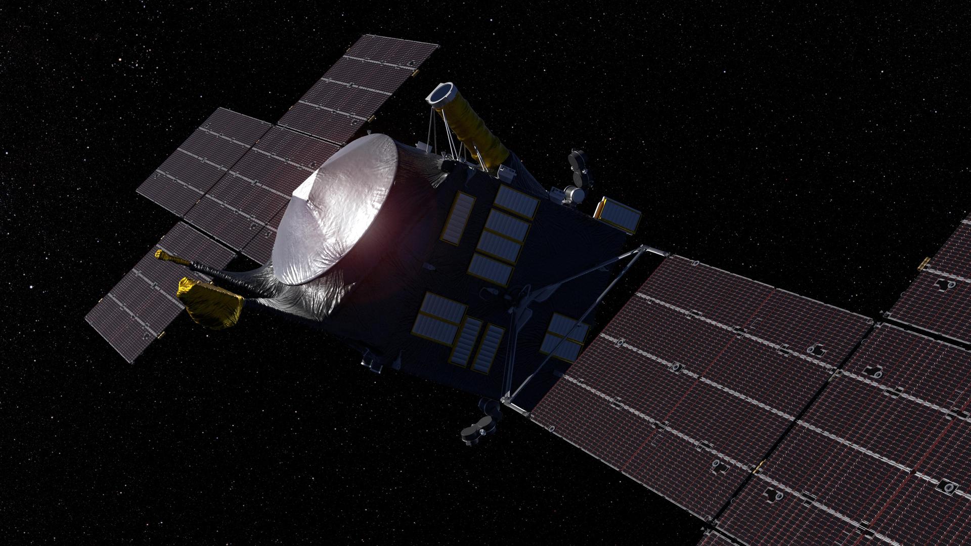 An illustration of the Psyche spacecraft in space with its solar wings expanded.