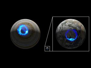 This illustration compares auroras on Jupiter and Earth. Jupiter's are much brighter and intense.