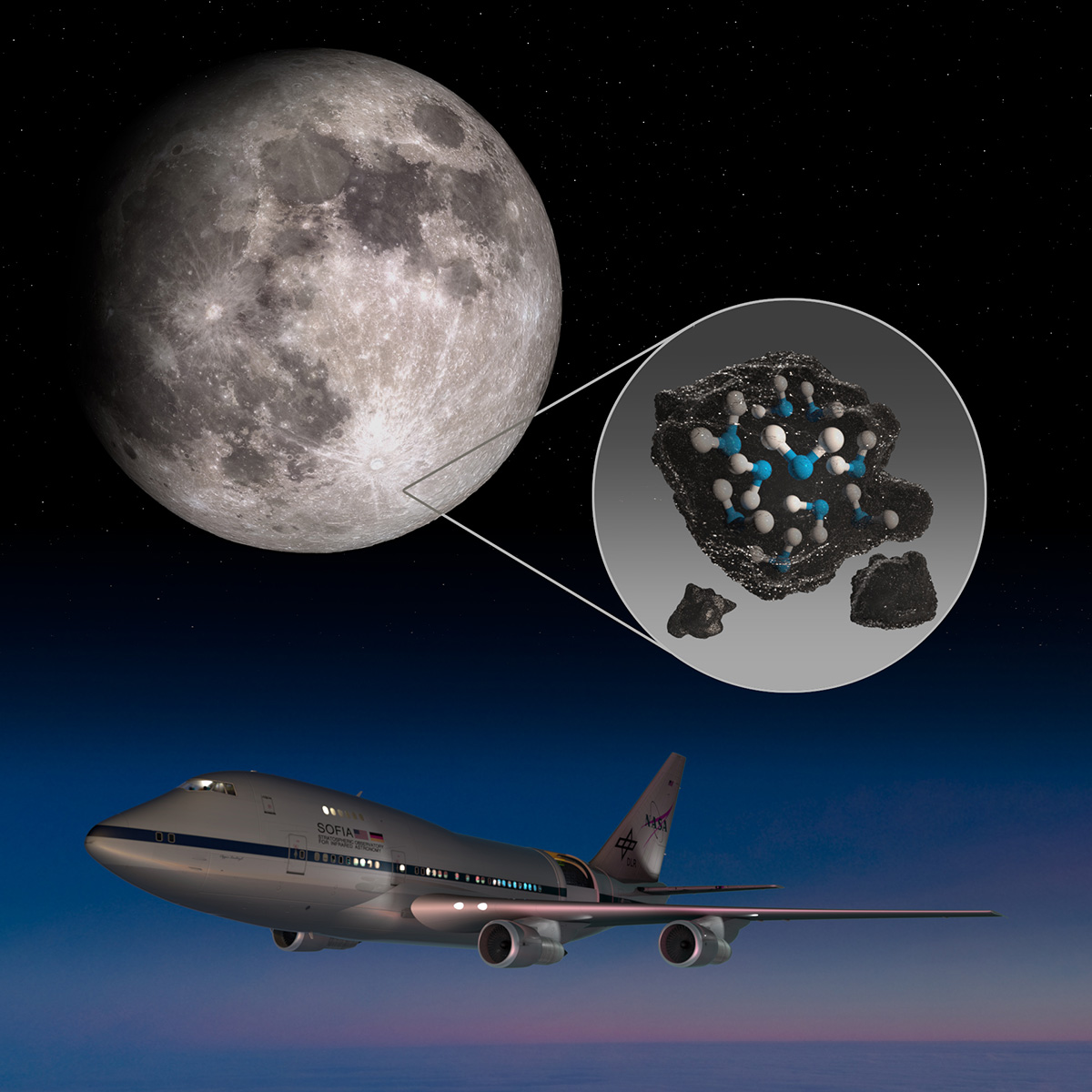 Composite illustration and photo of an airplane in the sky, and the Moon, and visualization of water molecule embedded in a rock.