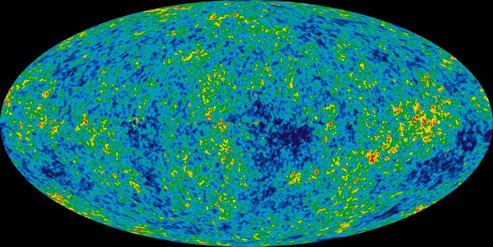 The Cosmic Microwave Background, colored in blue, cyan, green, yellow and red. Image credit: NASA / WMAP Science Team