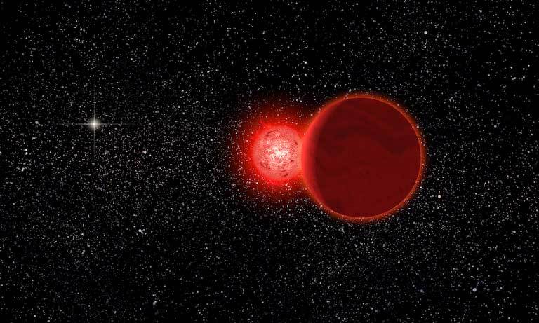 Artist's conception of Scholz's star, and its brown dwarf companion (foreground), during a flyby of our solar system some 70,000 years ago.