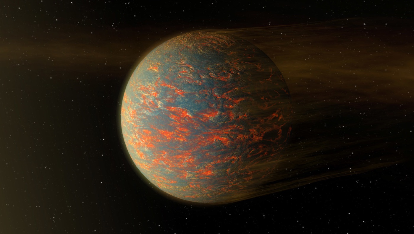 An illustration of a super-earth shows a mottled orangd and black exoplanet in space.