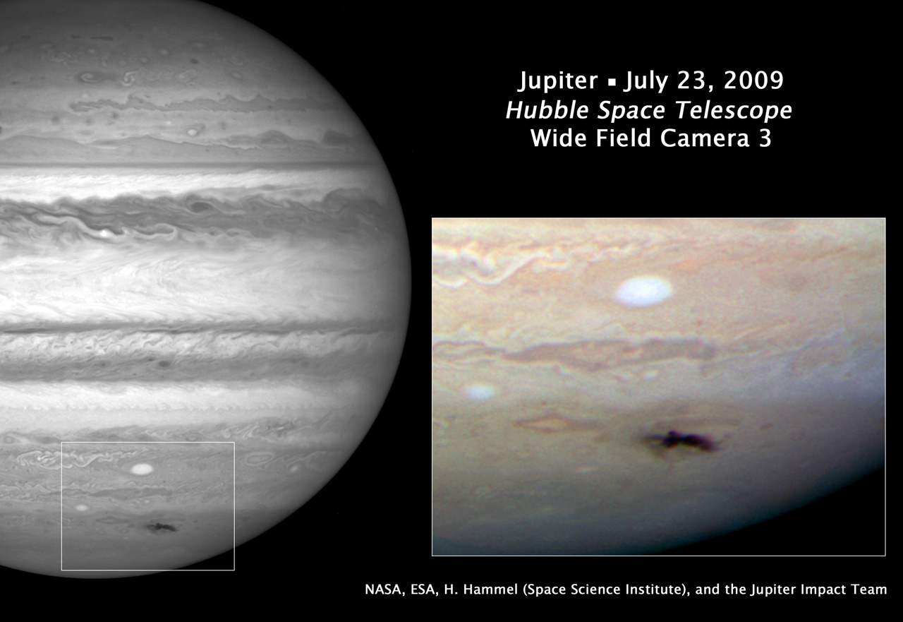 Dark bruised spot on Jupiter's clouds that is about twice as long as the United States is wide.