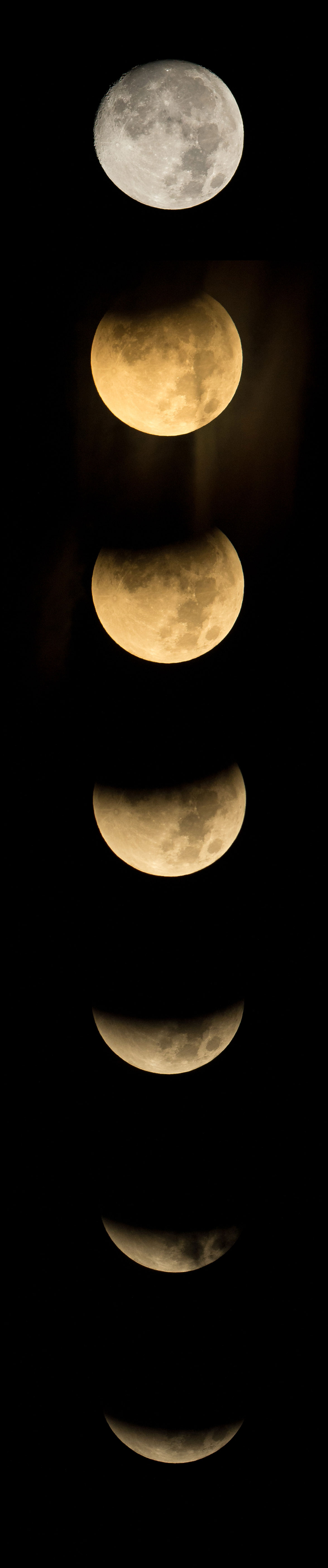 Seven images showing the shadow of Earth progressively covering more of the Moon until it is just a sliver in the sky.