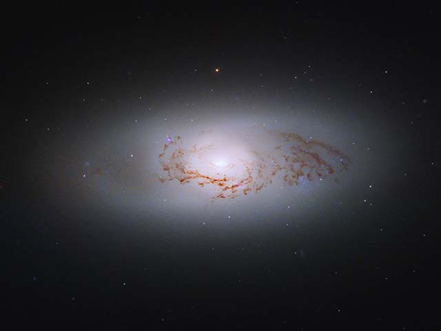 A bright galaxy seen nearly edge on sits against a black background dotted with stars and distant galaxies. The center of the galaxy is extremely bright white in color. The brightness of the galaxy tapers off toward its outer edges. Dark, reddish-brown dust filaments are silhouetted against the galaxy.