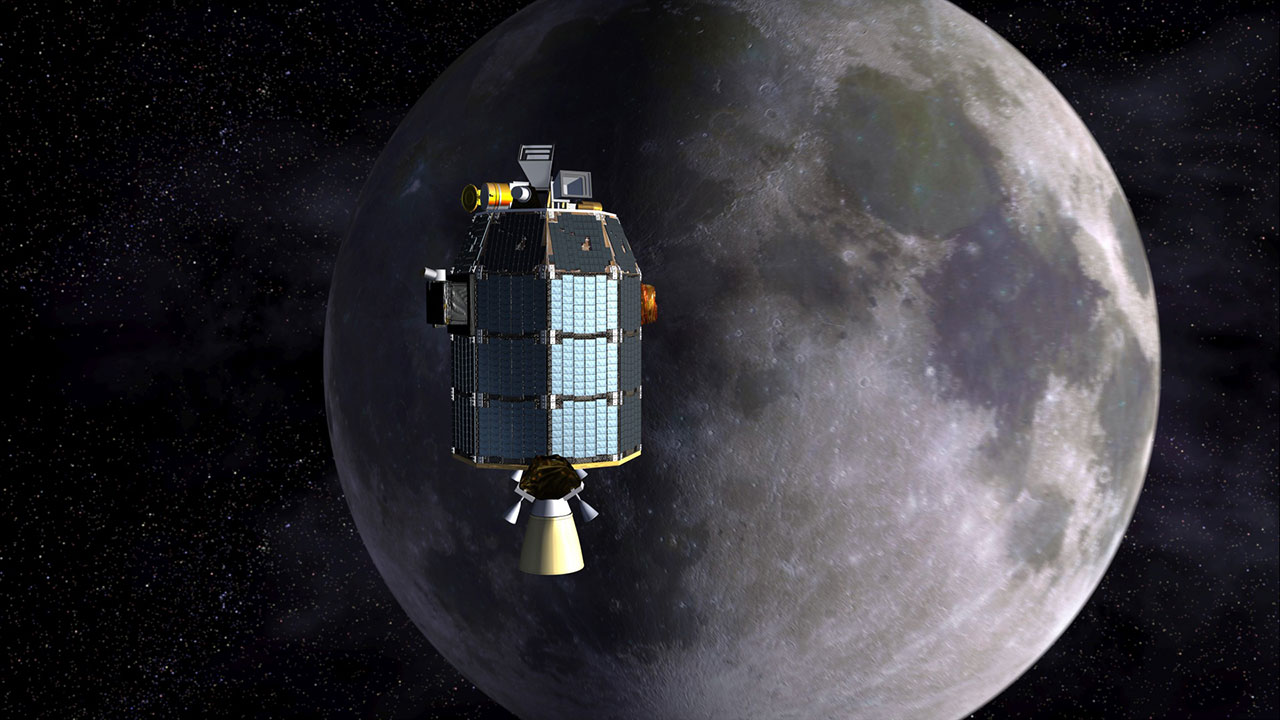 Artist's concept of LADEE spacecraft approaching the moon.
