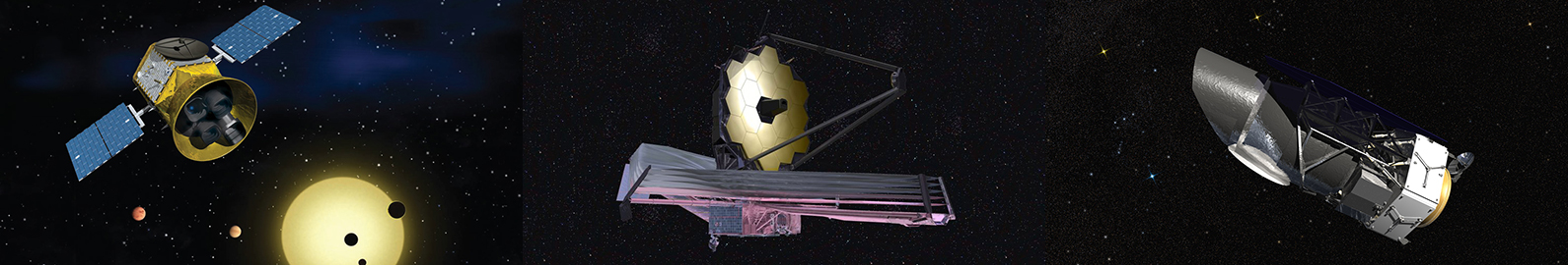Artists' renderings of future space telescopes that will search for exoplanets: TESS, the James Webb Space Telescope, and WFIRST.