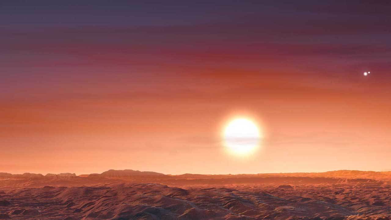 A newly discovered exoplanet, LTT 1445 A b, orbits its parent star tightly; that star, in turn, orbits two others, making a three-star system. The arrangement is not unlike that of our nearest exoplanet neighbor, Proxima b, also with three stars in its sky, as shown in this artist's rendering. Image credit: ESO/M. Kornmesser.