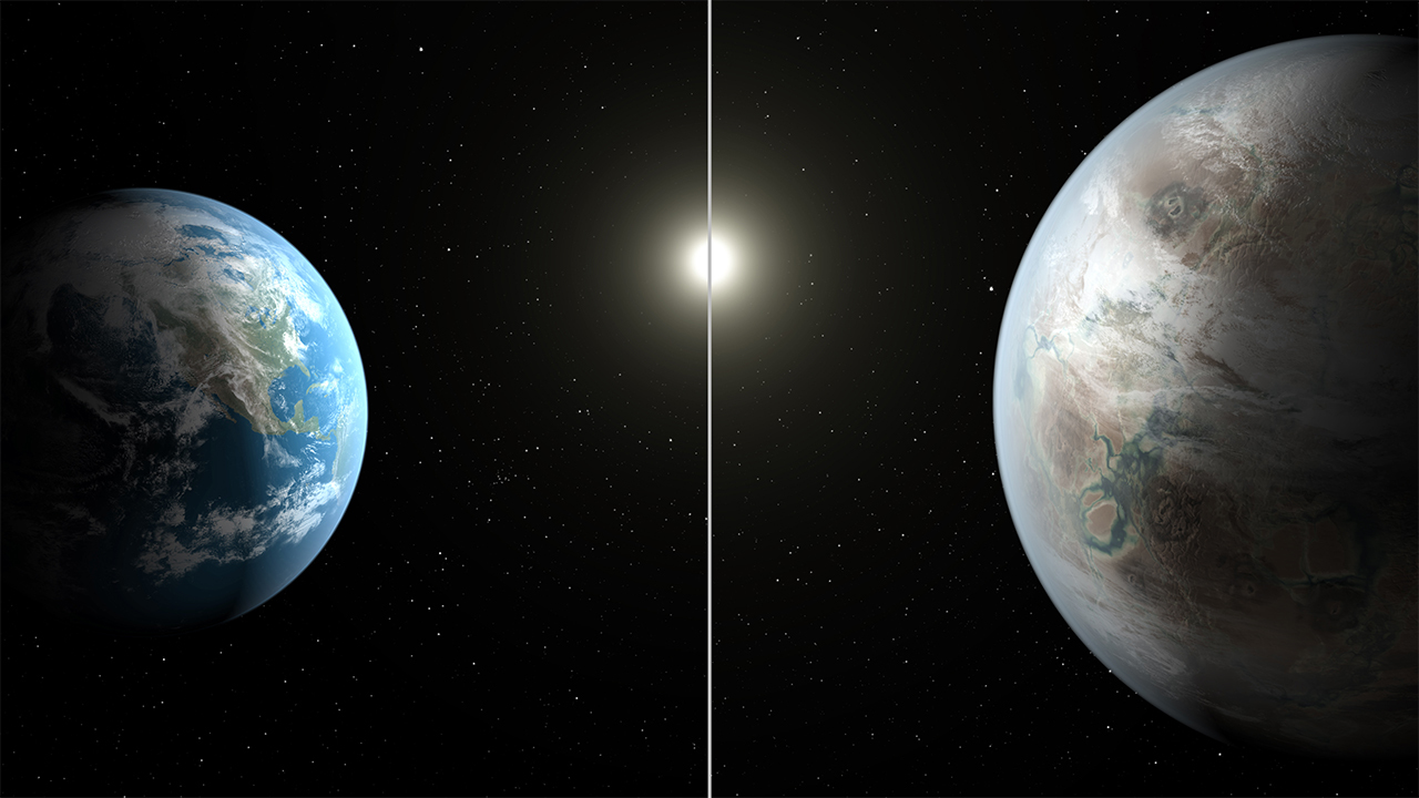 An illustration of the older Earth cousin, Kepler-452b compared to Earth. Starlight-blocking technology will help astronomers find smaller, Earth-size worlds hidden by the brighter light of their stars. Credit: NASA/JPL- Caltech