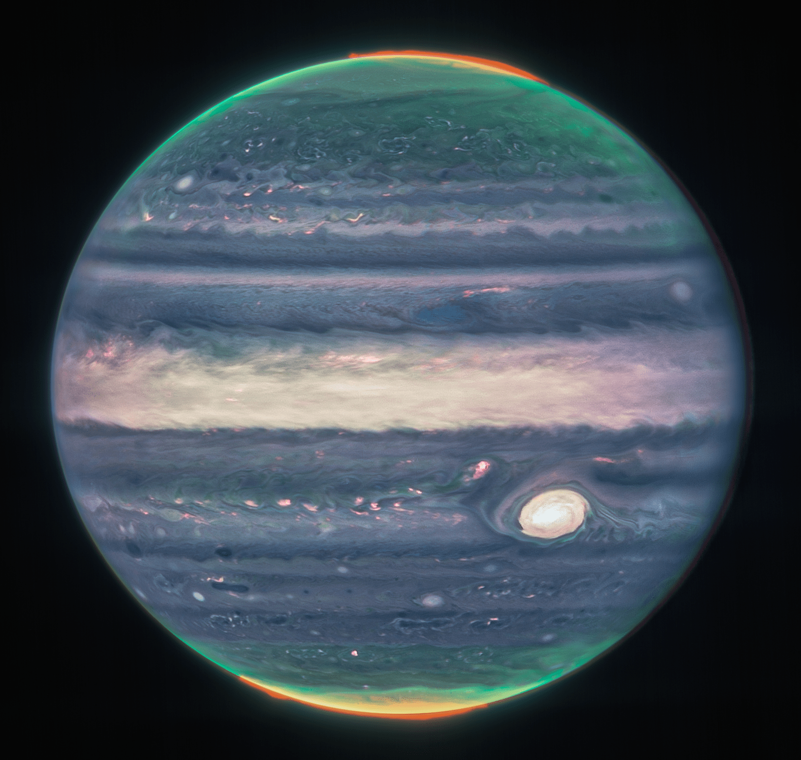 Jupiter dominates the black background of space. The planet is striated with swirling horizontal stripes of neon turquoise, periwinkle, light pink, and cream. The stripes interact and mix at their edges like cream in coffee. Along both of the poles, the planet glows in turquoise. Bright orange auroras glow just above the planet’s surface at both poles.