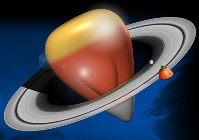 Illustration of Saturn as a candy corn.