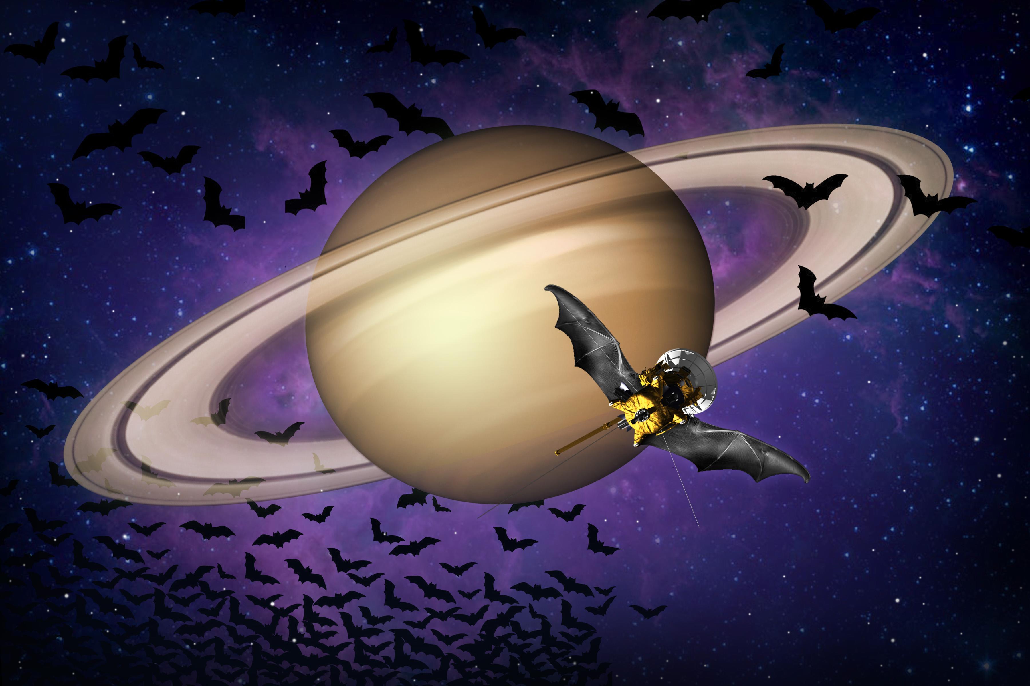 Cassini spacecraft illustrated with bat wings.