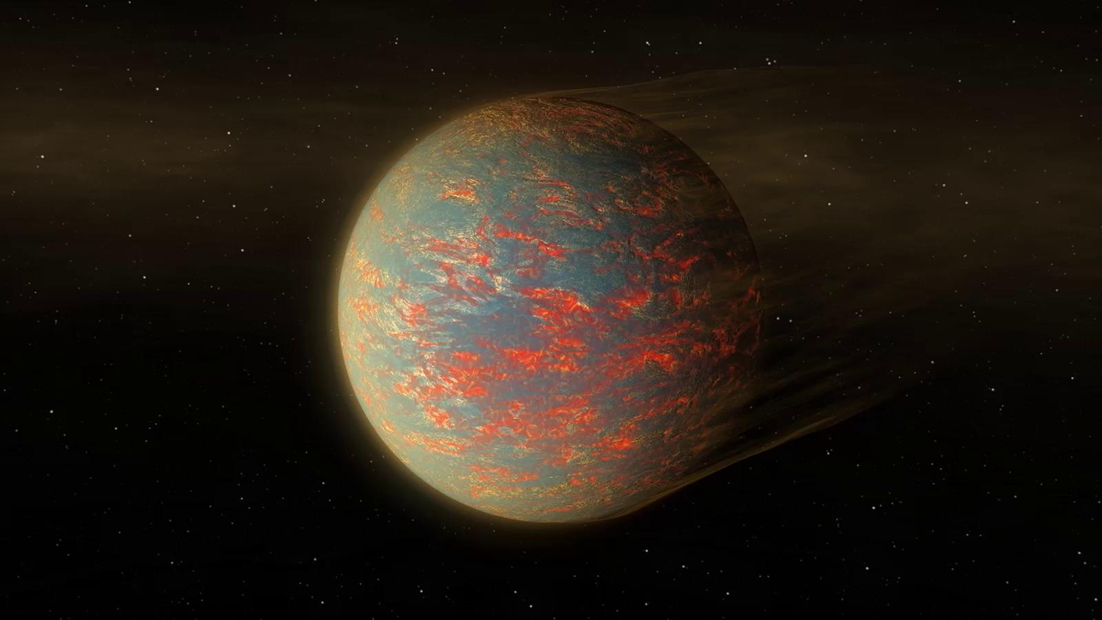 55 cancri e is seen in illustration as a fiery looking world with lava flows.