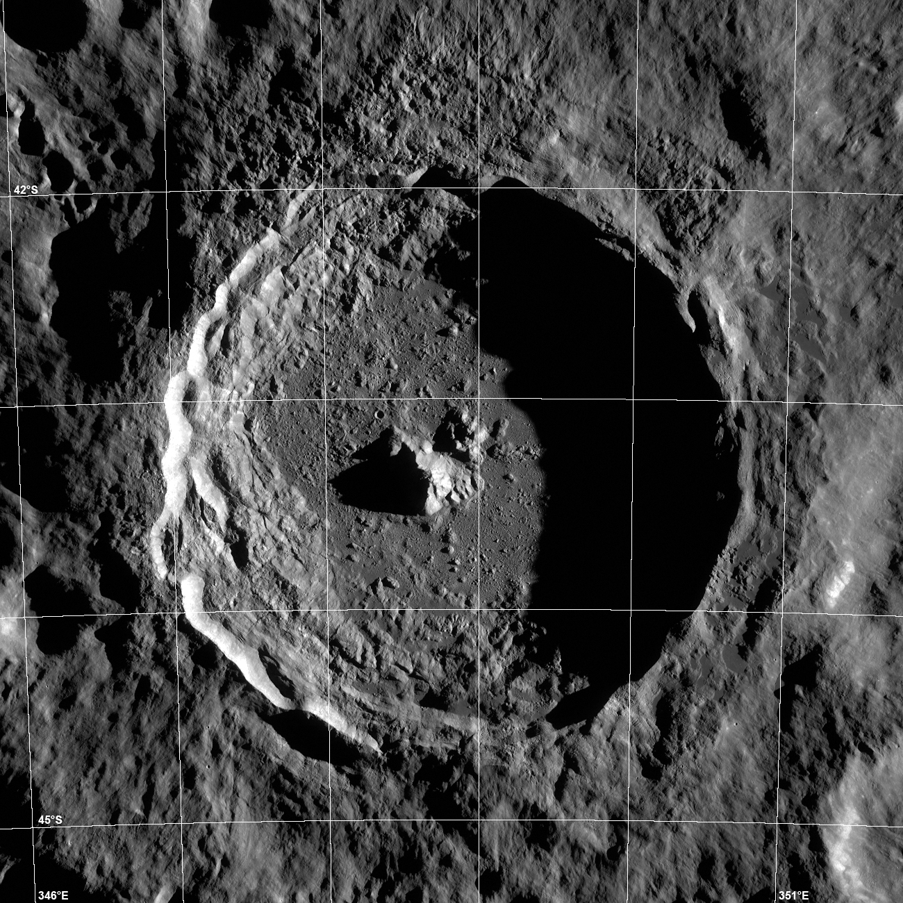 Overhead view of impact crater on the Moon.